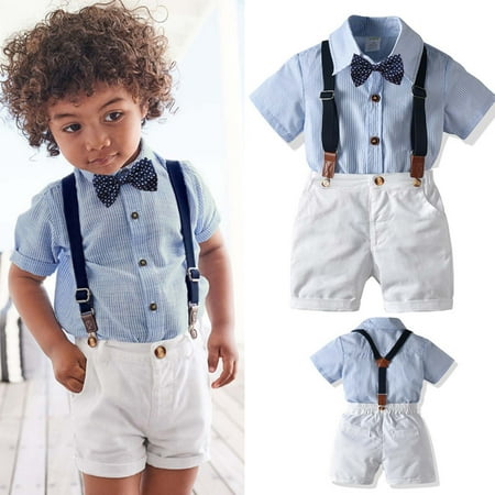 

Lilgiuy Boys Gentleman Outfit Summer Stylish Formal Short Sleeve Top Bib Shorts with Bow Tie Three-piece Set