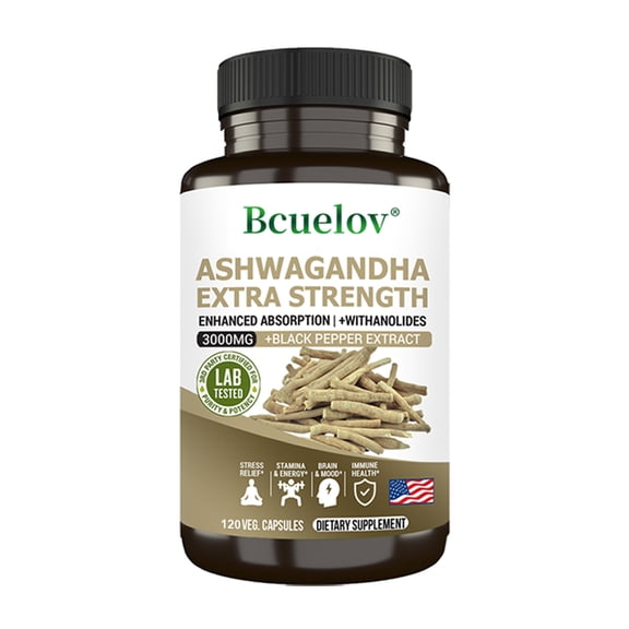 Bcuelov Ashwagandha Supplement, Stress Relief, Mood Enhancer & Natural Energy Support Supplement, 120 Vegetarian Capsules
