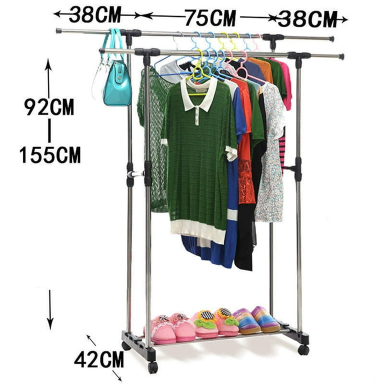 drying rack 1Pc Simple Clothes Rack Clothes floor fold Double Pole Indoor And Outdoor Balcony Bedroom Extendable With Brake Wheel Black