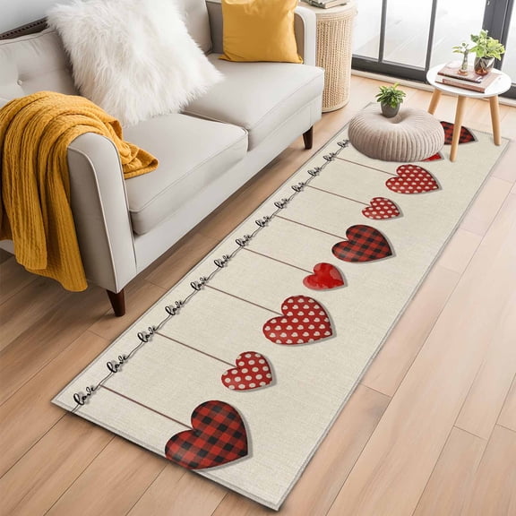 Red Love 2'x6' Runner Rugs for Hallway Kitchen Bedside Non Slip Washable, Valentine's Day Heart Red Plaid Beige Entryway Rug Runners with Rubber Backing, Long Carpet Runner for Laundry Room