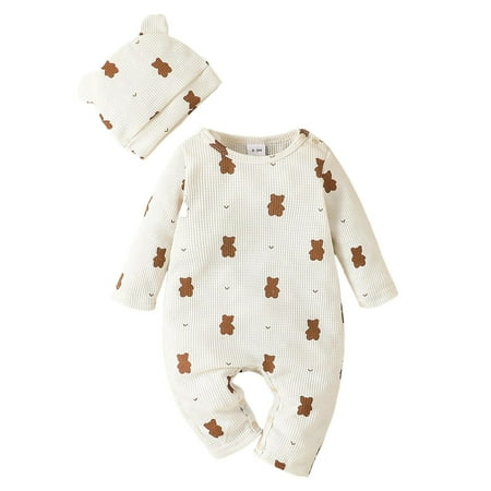 

Boys Girls Long Sleeve Cartoon Bear Prints Romper Bodysuits Jumpsuit Outwear with Hat Outfits Baby Size Clothes Baby Body Suits Toddlers Leotards 3 Month Girl Clothes Toddler Girls Leotard Baby Girl