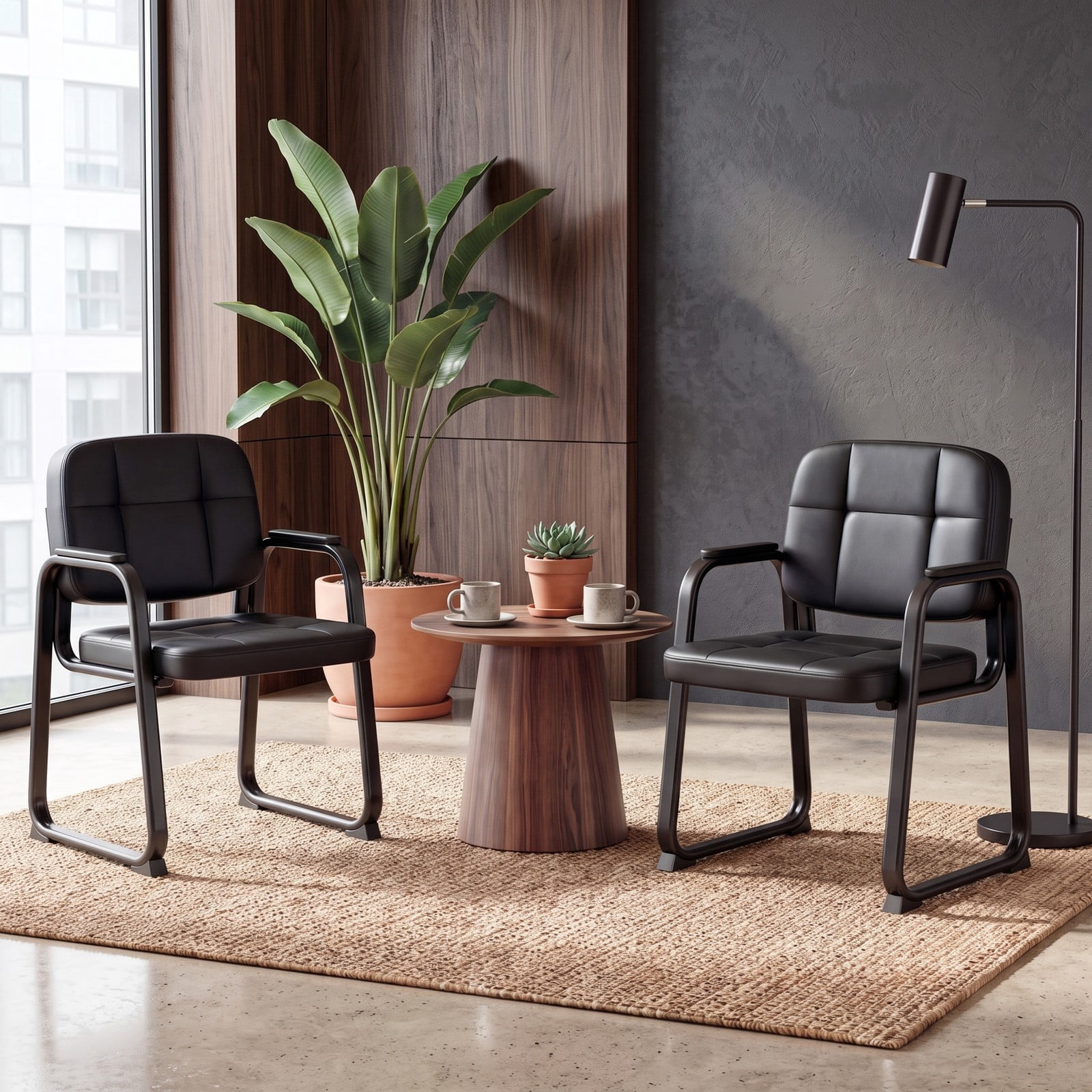 Furnibear Waiting Room Chairs Set of 2, PVC Leather Office Reception Guest Chairs with Padded Armrests, Ergonomic Backrest and Metal Frame for Meeting Room, Black