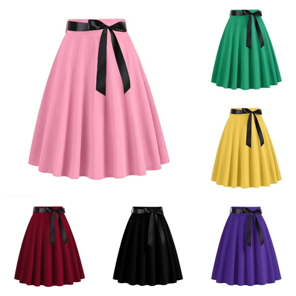Product Category Skirt - Women’s Solid Color Fashionable Waistband Swing A-Line Ribbon Casual Party Skirt Elegant Statement Bottomwear for Everyday Wear