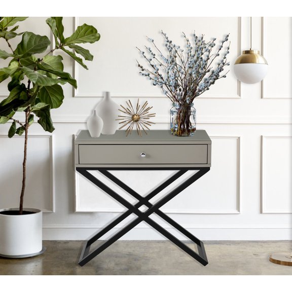 Modern Wooden Nightstand with Drawer,Side End Table with Glass Top and Metal X-Base Legs,Taupe