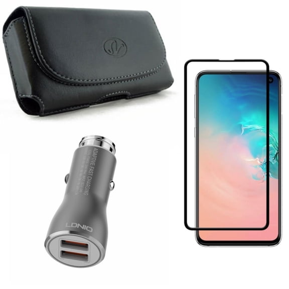 Galaxy S10e Case Belt Clip w Screen Protector w Car Charger - Leather Holster Cover, Tempered Glass 5D Curved Edge, 36W Fast 2-Port USB Type-C Cable for Samsung Galaxy S10e Phone