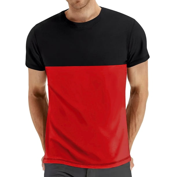 Casual Summer Tops Color Bloqueado Cuello Redondo Manga Corta Top, Camiseta Deportiva Elástica de Poliéster para Hombres, Uso Diario Y Actividades Al Aire Libre