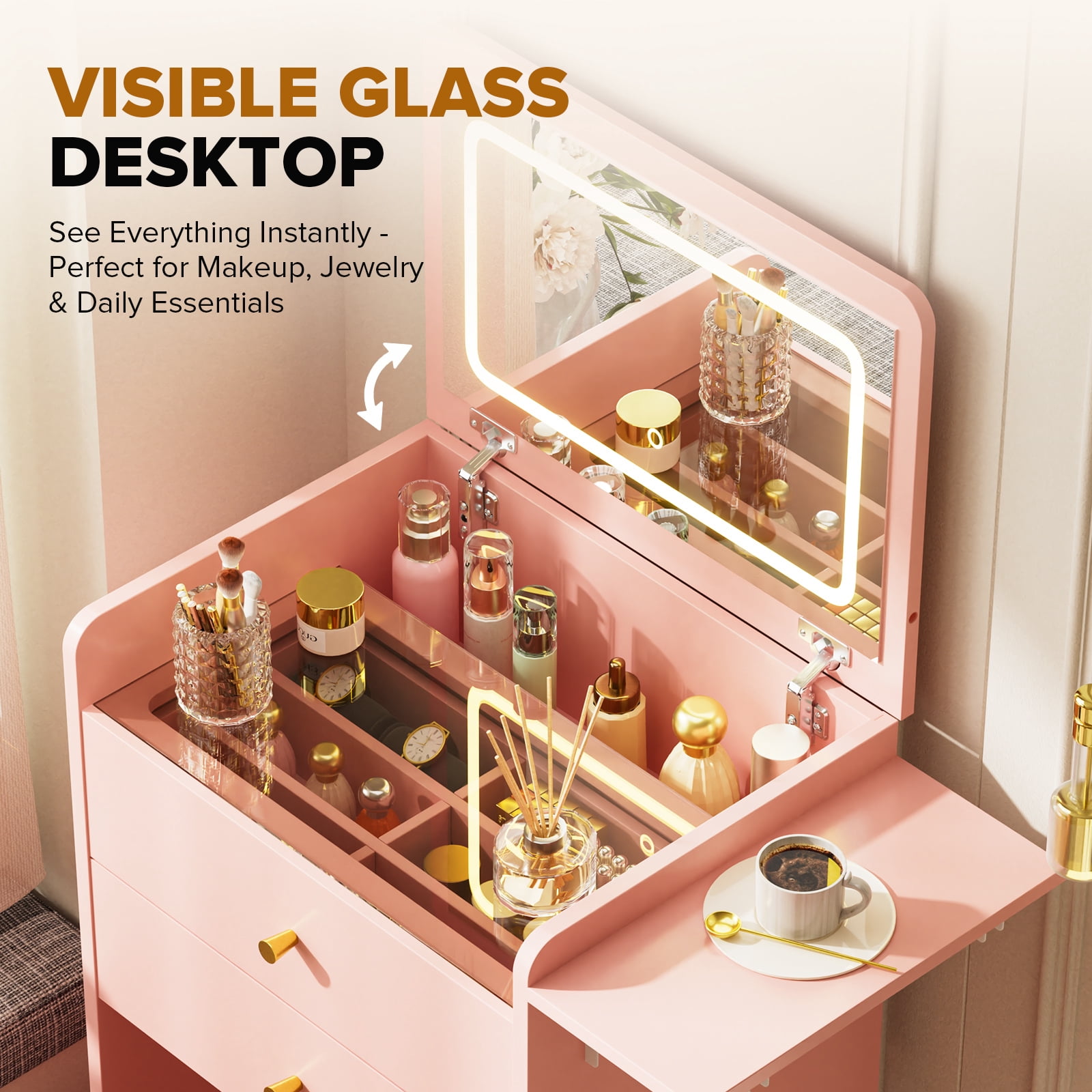 LUCKLIFE 3-in-1 Makeup Vanity Set with Lighted Flip Top Mirror & Storage Stool, Small Space Dressing Table with Foldable Side Tray, Glass Top Desk & Nightstand for Bedroom, Pink