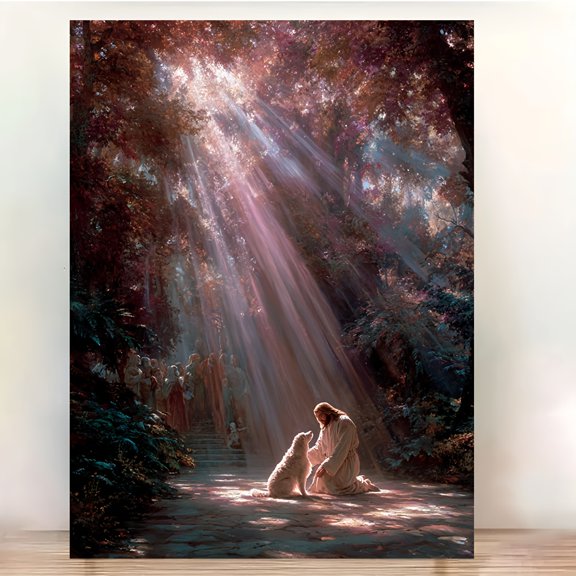 Framed Canvas Artwork Featuring a Serene Forest Path And a Lamb, Designed for Christian Spaces Like Churches And Prayer Rooms. This Inspirational Piece Includes a Verse from Matthew 9:13