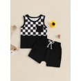 thumbnail image 4 of Toddler Baby Boys Summer Outfits 3 6 12 18 24 Months 2T 3T Checkerboard Patchwork Round Neck Sleeveless Tank Tops Elastic Waist Shorts 2Pcs Clothes Set, 4 of 9