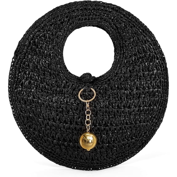 Woven Straw Beach Bag for Women Handmade Raffia Circle Bag, Summer Boho Chic Tote Purse Handbag Large Round Bag