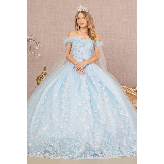 Women's Elizabeth K Butterfly Print Summer Off Shoulder Gown Gl3166 Baby Blue Size L