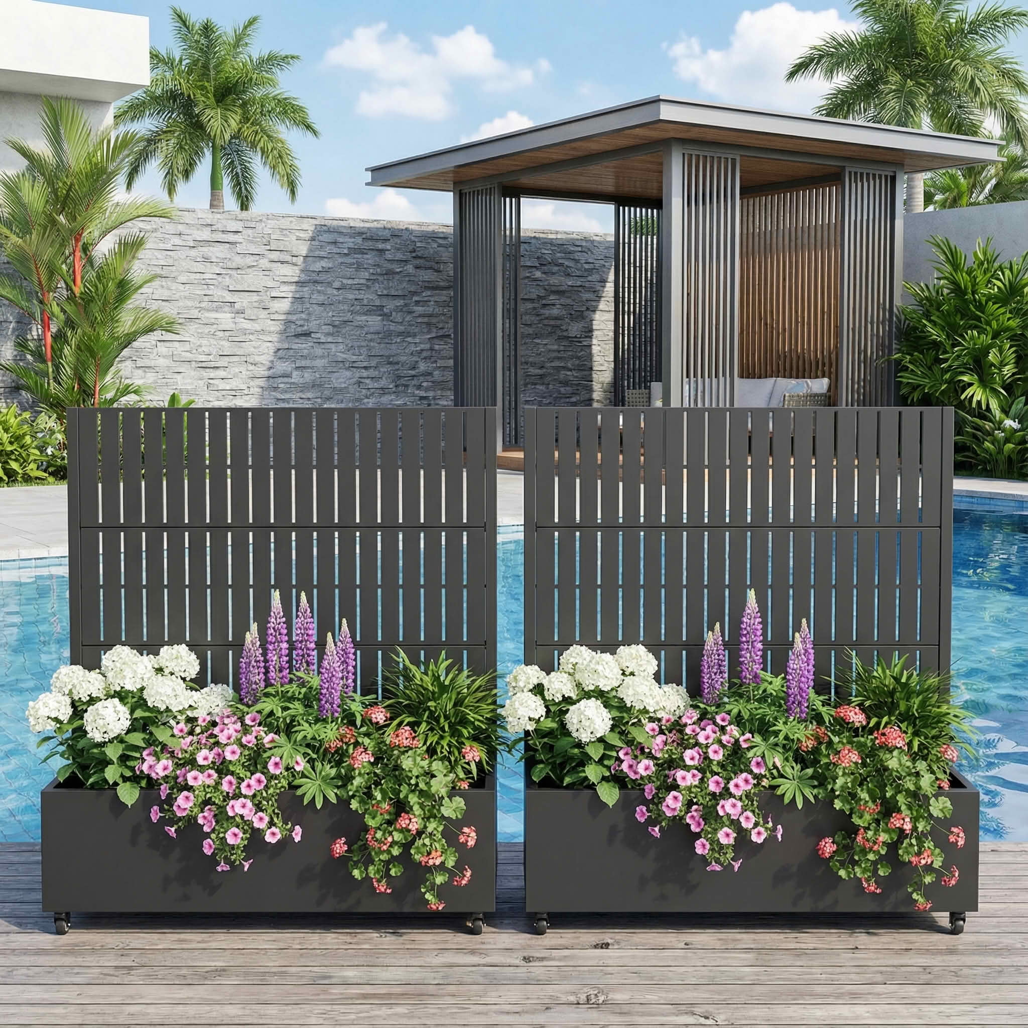 MAYEERTY 47X47" Metal Outdoor Black Privacy Screen with Planter Box for Backyard & Garden, 3 Piece Set, Double‑sided Installation