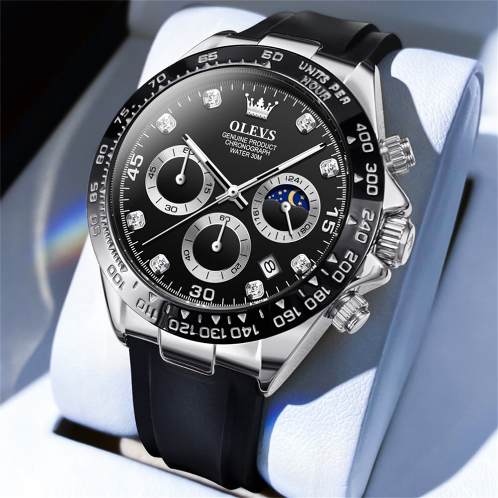 OLEVS Watches for Men Chronograph Multifunction Sport Silicone Luxury Dress Diamond Moon Phase Quartz Male Watch Waterproof Mens Wrist Watches Reloj para Hombre,Gold/Black/White/Blue/Grey Dial