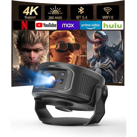 Smart Projector with WiFi 6 and Bluetooth 5.4, Mini Protable Projector 4K & 8K Support, Built-in Android 14, Auto Keystone, Video Proyector for Home Theater/Outdoor Movie HY300Max, Black