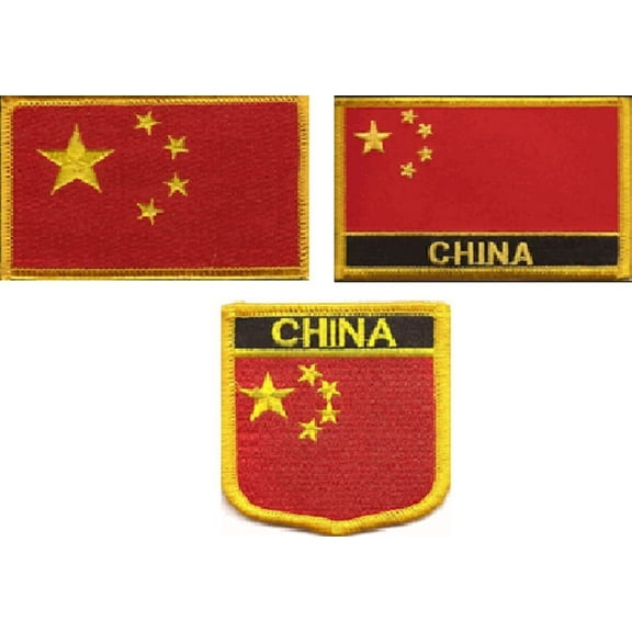 3 Pack Set of China Flag Patches, Contains Patch with Name, Without Name and a Shield Patch, Chinese Embroidered Iron On or Sew On Flag Patch Emblems
