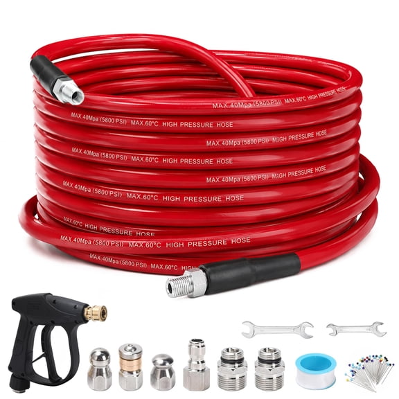 Sewer Jetter Kit for Pressure Washer 50 FT, Drain Cleaner Hose with Power Washer Gun, 1/4 Inch NPT Corner, Rotating and Button Nose Sewer Jetting Nozzle,Waterproof Tape, Pearl Corsage Pin, Spanner