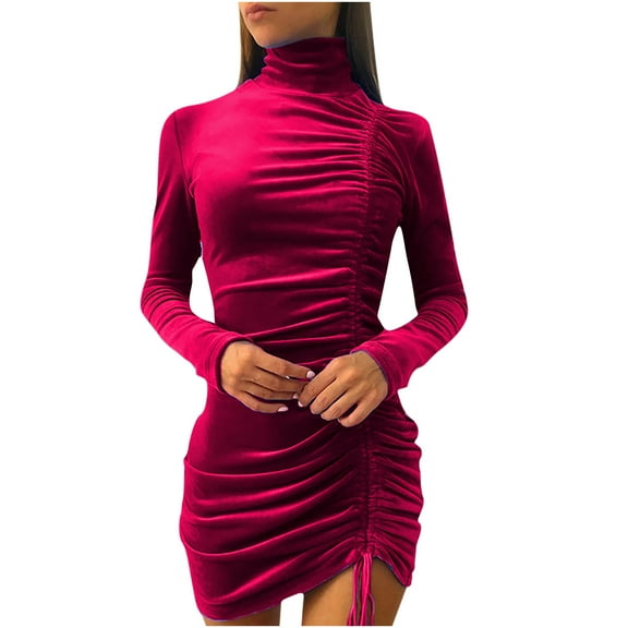 ICHUANYI Womens Elegant New Trending Turtleneck Long Sleeve Solid Color Shirring Sheath Dress Spring Summer Clothing