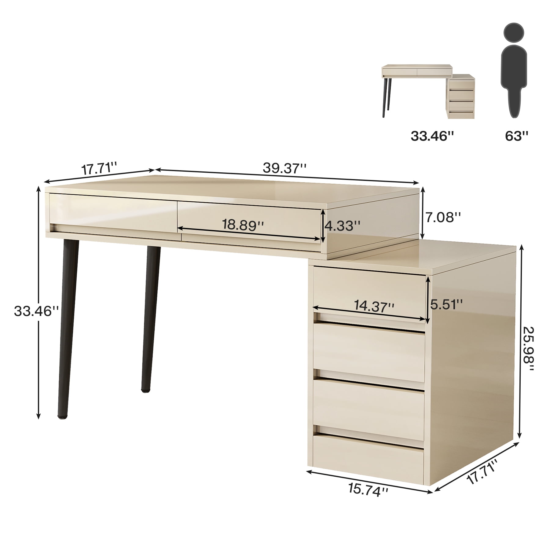 Finmind White Desk with 5 Drawers, Modern Home Office Desk with Storage Drawers and Printer Stand, Reversible Computer Desk Vanity Desk for Bedroom, Living Room