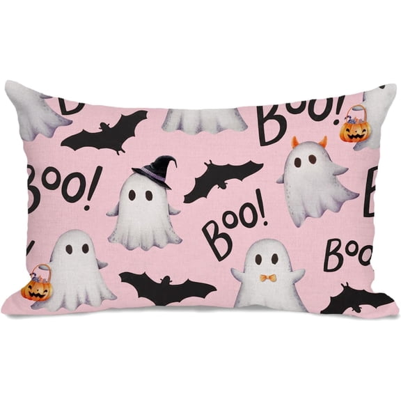 Halloween Pillow Cover 12x20 Repeating White Ghosts Spooky Pink Throw Pillow Case Autumn Thanksgiving Harvest Decorative Cushion Outdoor Cushion Case Sofa Couch Bed Decor Lumbar