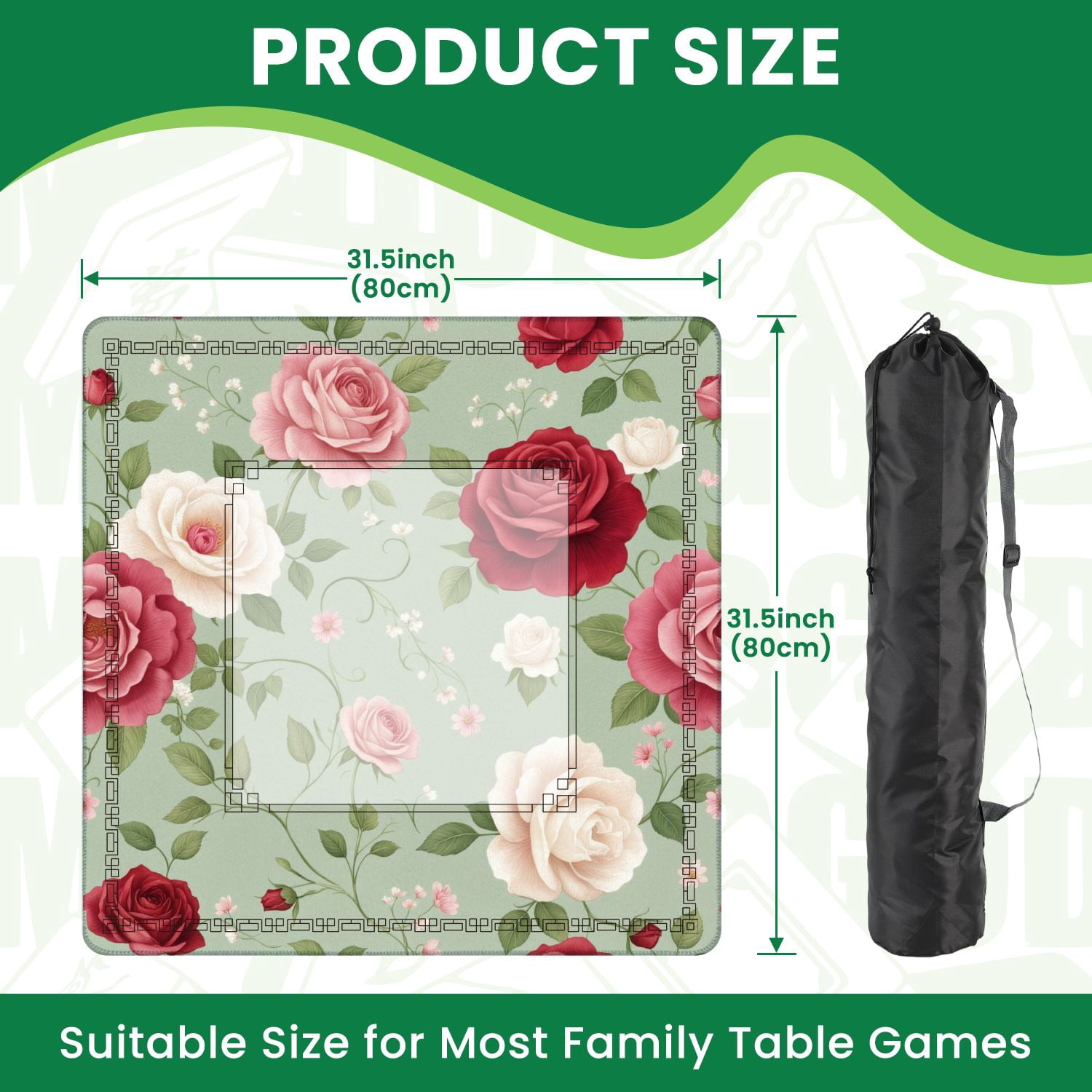 Mahjong Mat 31.5" x 31.5" Vintage Floral Roses Red Pink White Green Non-Slip Noise Reduction American Mahjong Tiles Table Cover for Dominoes Poker Card Board Games Gift