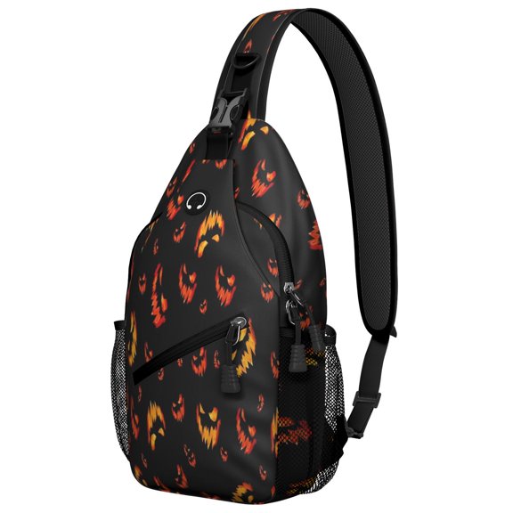 Sling Backpack,Spooky Halloween Faces Pattern Sling Bag with Water Bottle Holder,Waterproof Sling Bag for Men/Women with Headphone Jack for Hiking,Travel