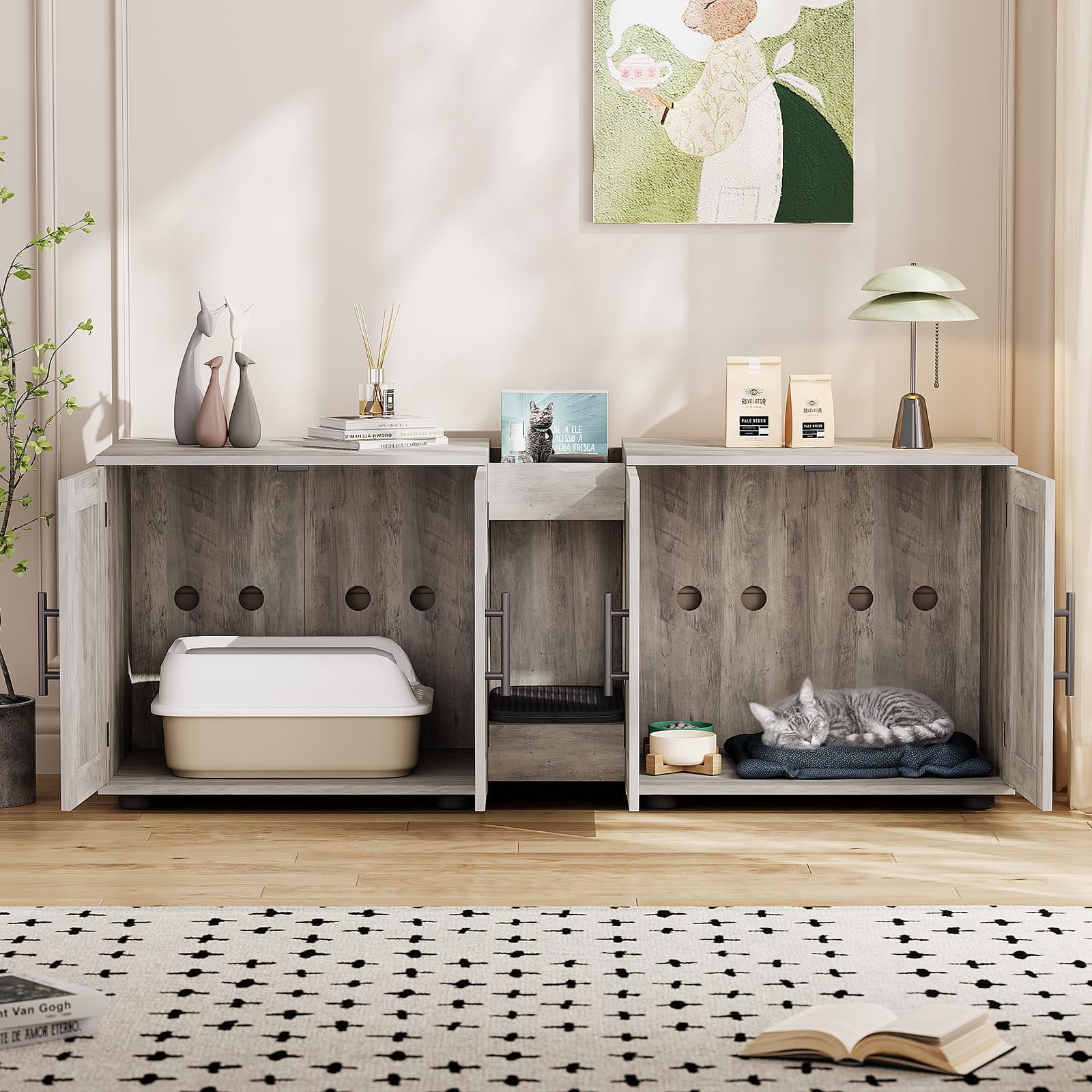 Cat Litter Box Enclosure for 2 Cats, 55" Hiddden Litter Box Enclosure Furniture 3-in-1 Wooden Litter Cabinet with Barn Door & Double Rooms for Bedroom Living Room