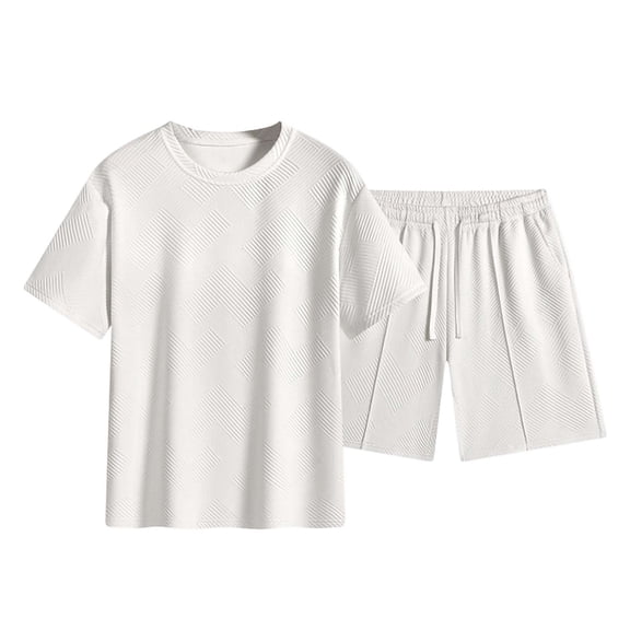 hotojiny Men's 2 Piece Summer Outfit Short Sleeve Crew Neck T-Shirts and Drawstrings Shorts Sets Beach Vacation Tracksuits(White,X-Large)