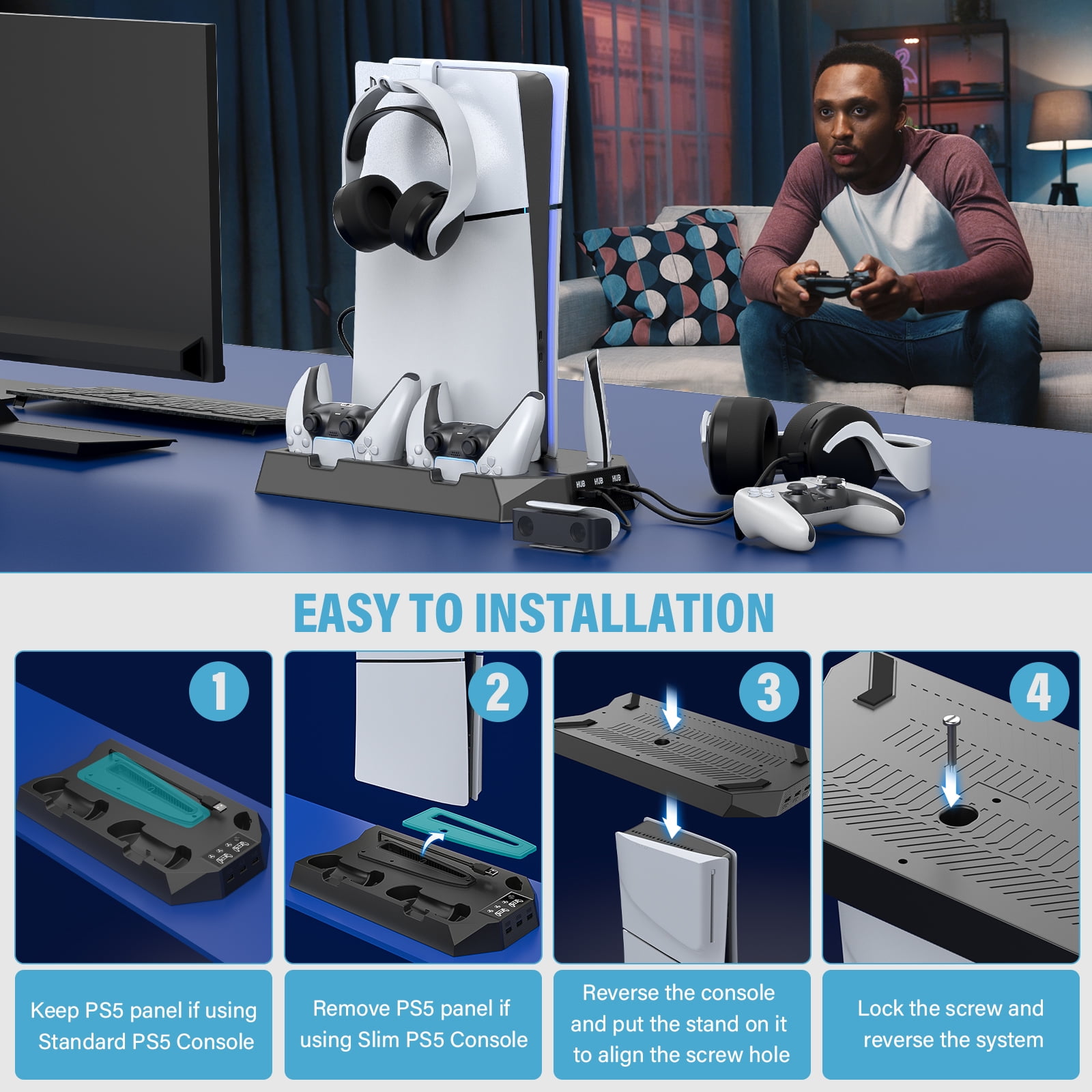 ZRZLMVP PS5 Stand Cooling Station with Dual Controller Charging Station for PS5 Pro, PS5 Slim, PS5 Standard, PS5 Digital,3 Levels Adjustable Fan/3 USB Hubs- Black