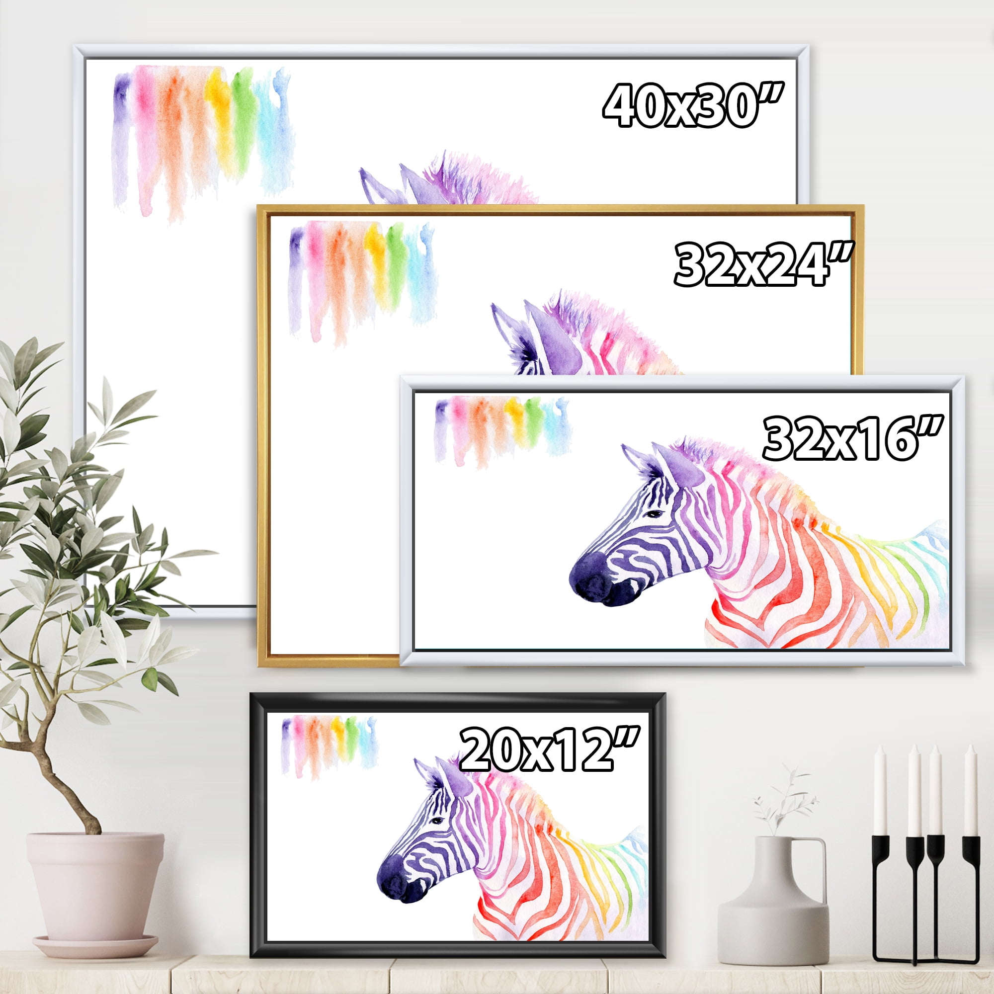 Portrait of Rainbow Zebra On White 40 in x 30 in Framed Painting Canvas Art Print, by Designart