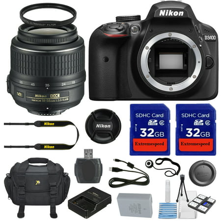 Nikon D3400 DSLR Digital SLR Camera Body + 18-55mm VR Lens + 2 Pieces 32GB High Speed SDHC Memory Cards + 52mm High Definition UV Filter and
