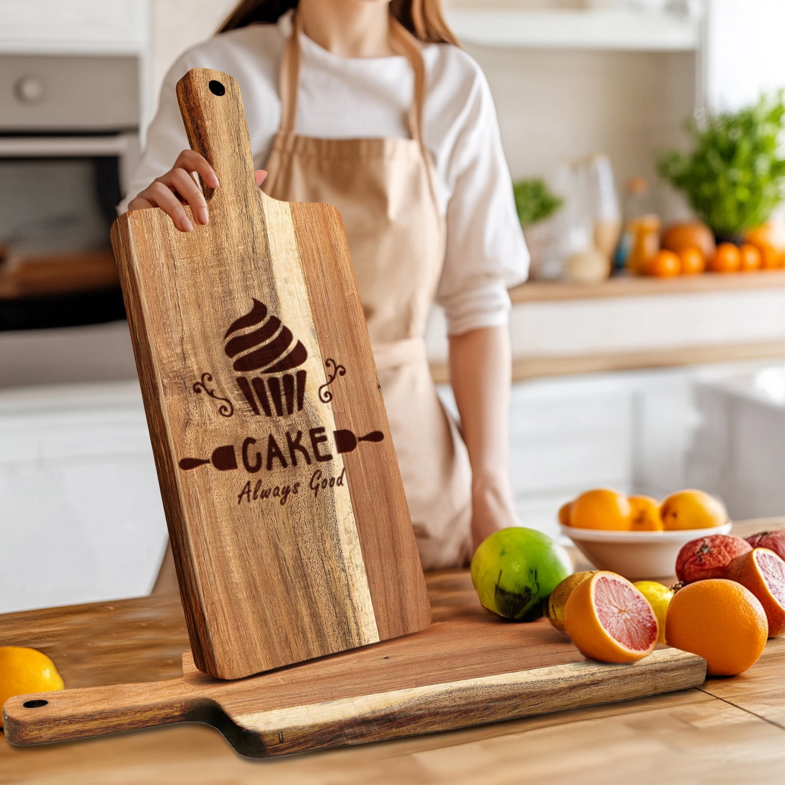 5 Pack Acacia Wood Cutting Board Bulk Wooden Serving Tray Kitchen Chopping Boards with Handle for Laser Engrave (17 x 6 Inch)