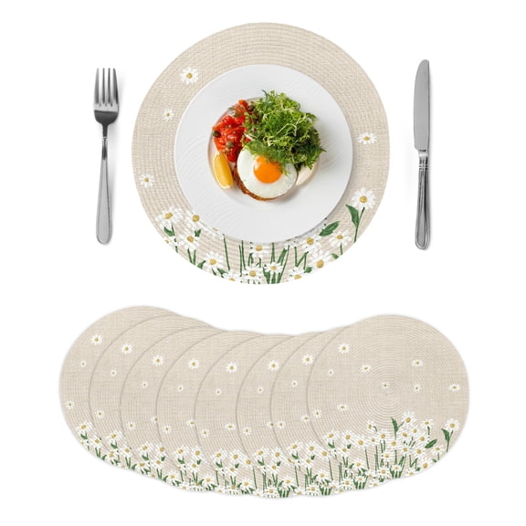 Round Woven Placemats set of 8, White Rustic Daisy Floral Washable&Heat Resistant Plastic Wipeable Placemats for Round Table Vintage Linen Texture Kitchen Dining Table Decor, 15in,