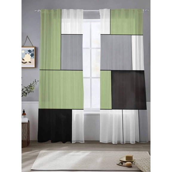 Green Gray Sheer Curtains 84 Inches Long 2 Panels Abstract Color Block Light Filtering Semi Sheer Window Curtains Drapes for Bedroom Living Room 52"x84"