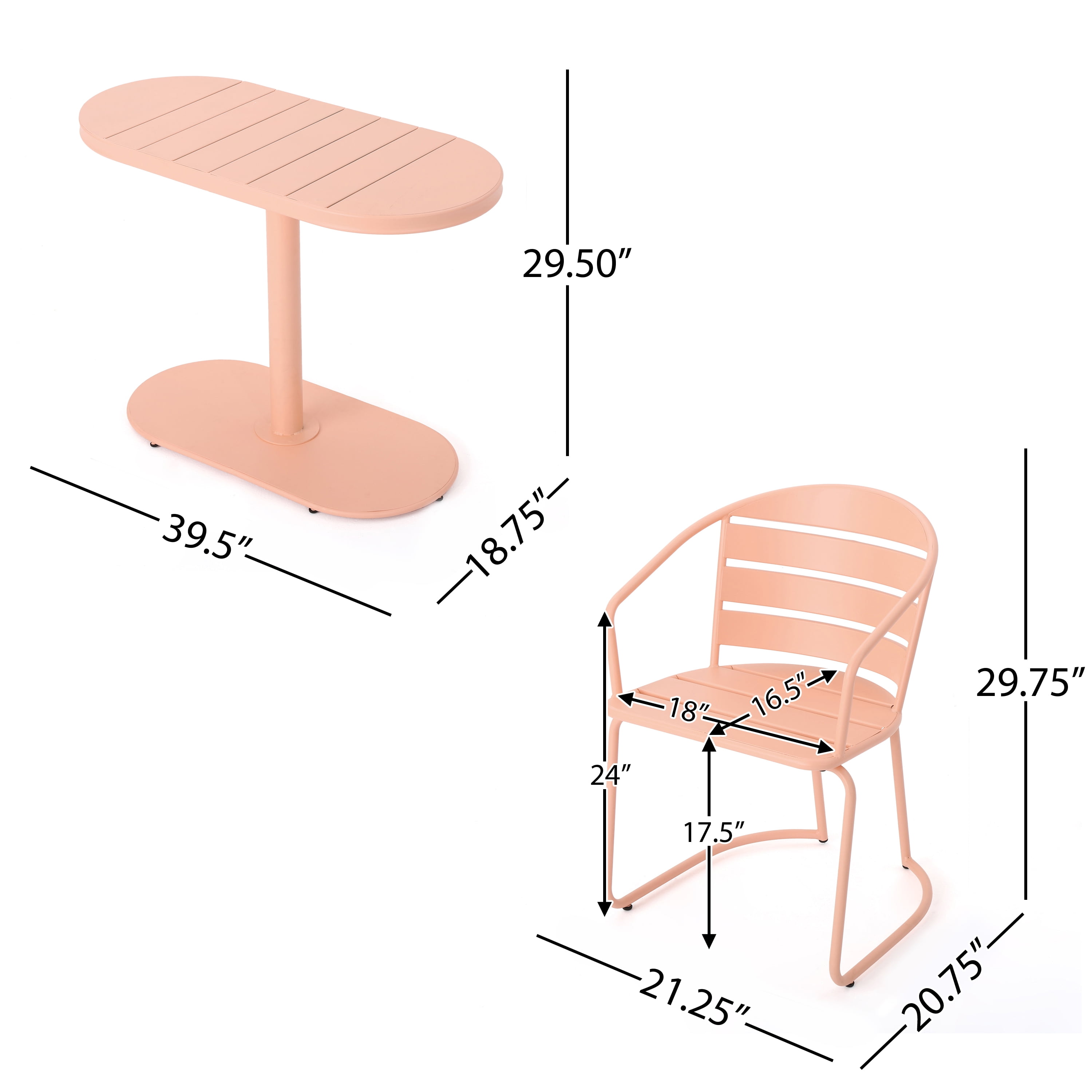 Mintazer 3-Piece Metal Bistro Dining Set, Patio Outdoor Conversation Set with Oval Slatted Table & 2 Cantilever Arm Chairs, Pink