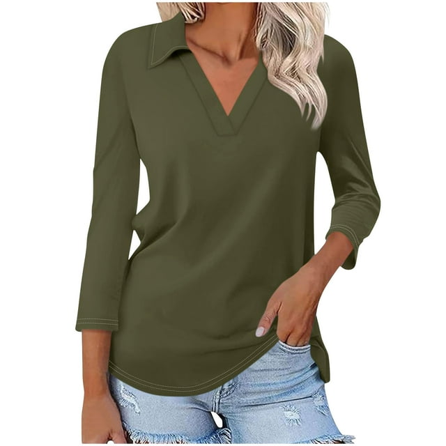 Vente Liquidation de Hauts pour Femmes! Polos à Manches 3/4 à Col en V pour Femmes, Hauts d'Été Décontractés, Col de Base, T-Shirts Mignons