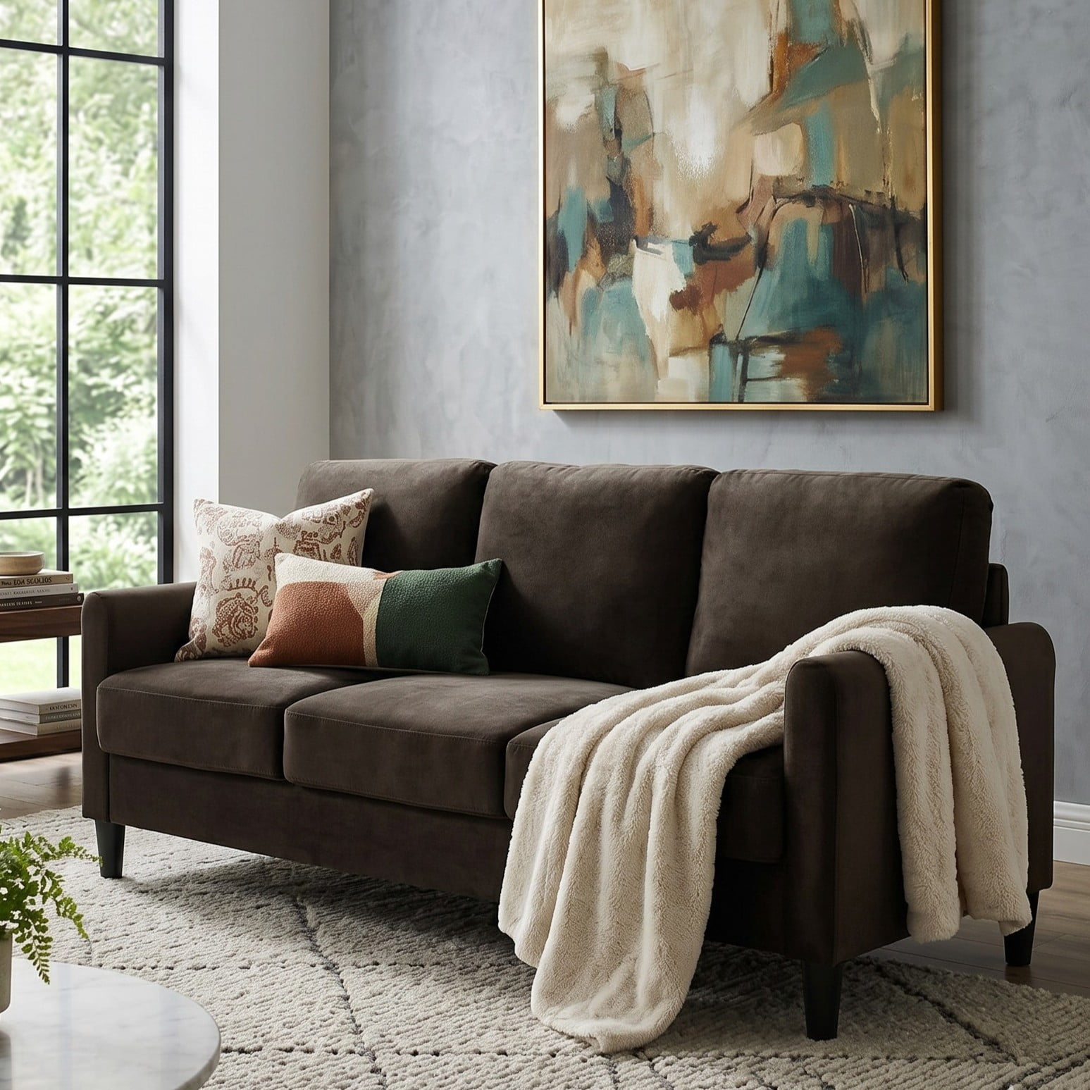 Home Design Airell 2-Piece Living Room Set with Loveseat and Sofa, Soft Velvet Fabric, Modern Upholstered Design, Brown
