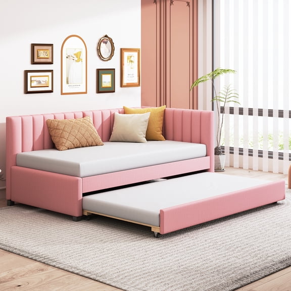 Upholstered Daybed with Trundle Twin Size Sofa Bed Frame No Box Spring Needed, Linen Fabric (Pink)