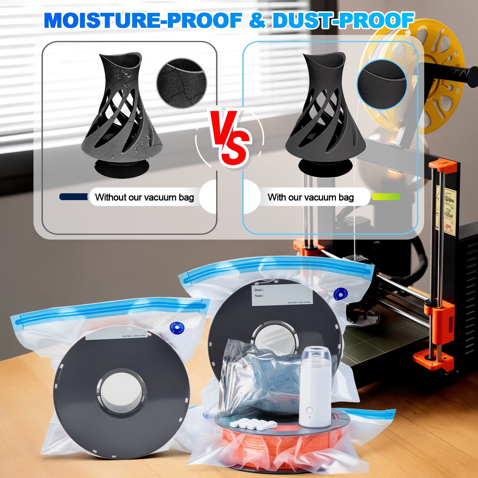 AGPTEK 30 Pack 3D Printer Filament Storage Bags 2 Sizes Vacuum Sealed Kit with 500mAh Electric Pump & Silica Gel Desiccants