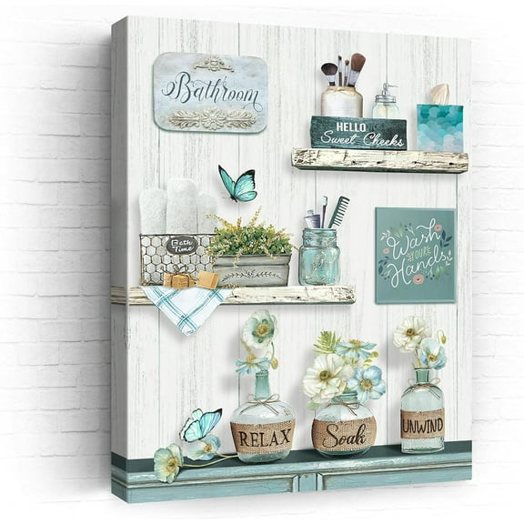 Farmhouse Bathroom Wall Art Decor Rustic Flower and Butterfly Bathroom Pictures Canvas Print Framed Artwork Country Bathroom Decor Wall Art Soak Relax Unwind Wall Art for Bathroom 12"x16"