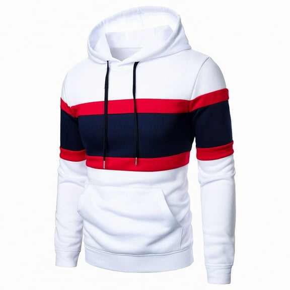 XFLWAM Men's Novelty Color Block Striped Pullover Fleece Hoodie Long Sleeve Casual Drawstring Sweatshirt with Pocket White S