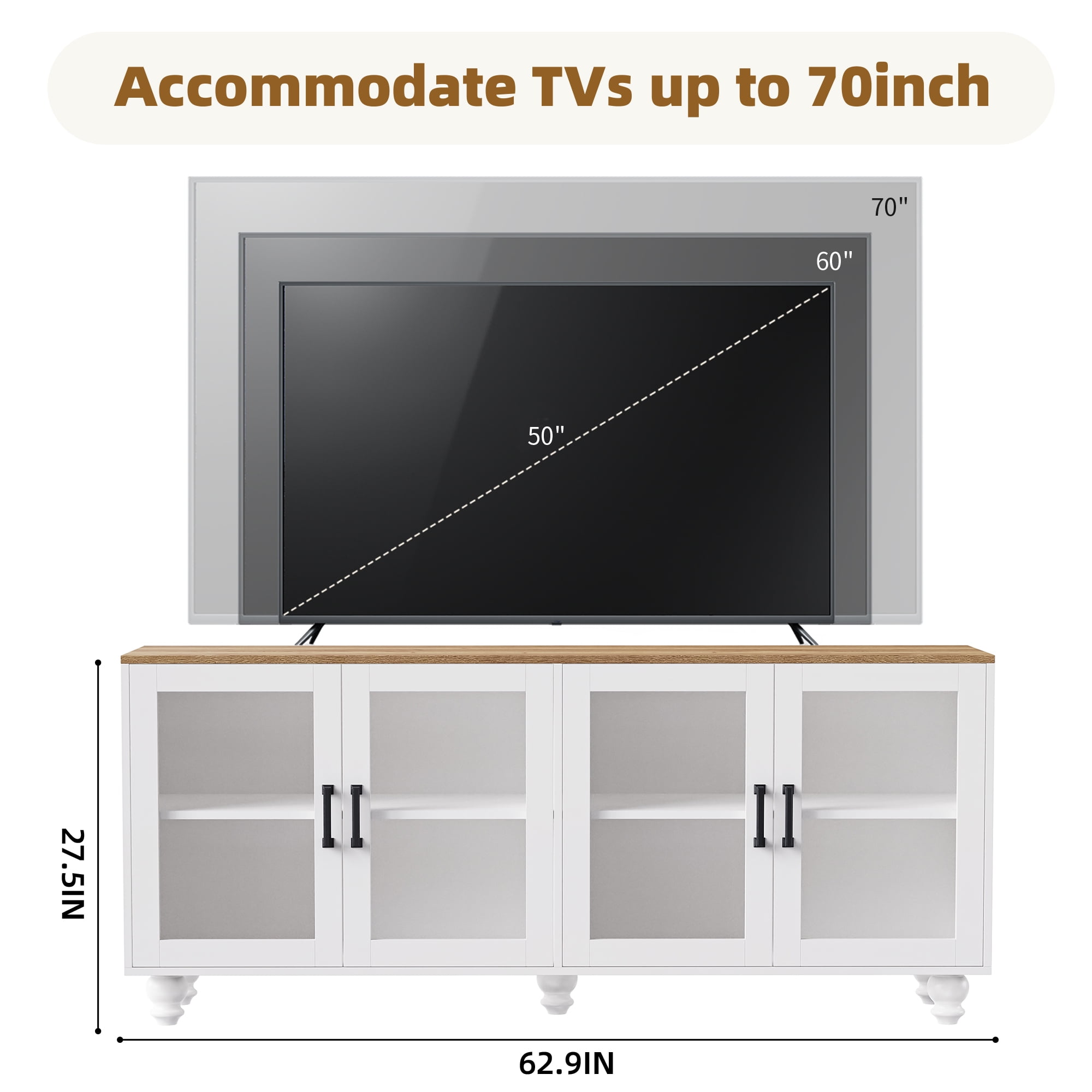 Euroco 63" Farmhouse TV Stand with Glass Doors & Adjustable Shelves, Buffet Sideboard Console with Solid Wood Gourd Legs, Vintage Display Cabinet for TVs up to 70", Living Room or Dining Room