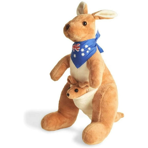 Stuffed Kangaroo with Australia Scarf and Joey - Huggable Soft Animals Toy- 11.8