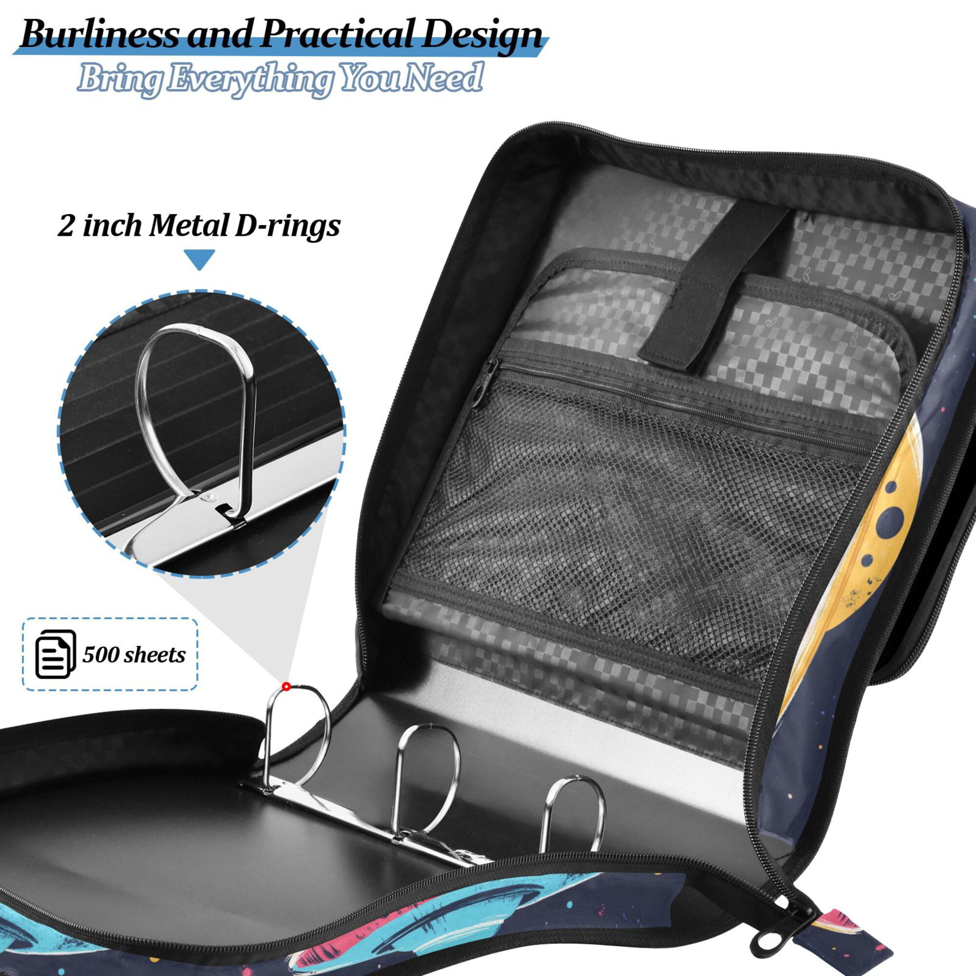 FORMRS Zipper Binder with Shoulder Strap 2-inch Ring 500 Sheet Capacity File Bag, Colorful UFO