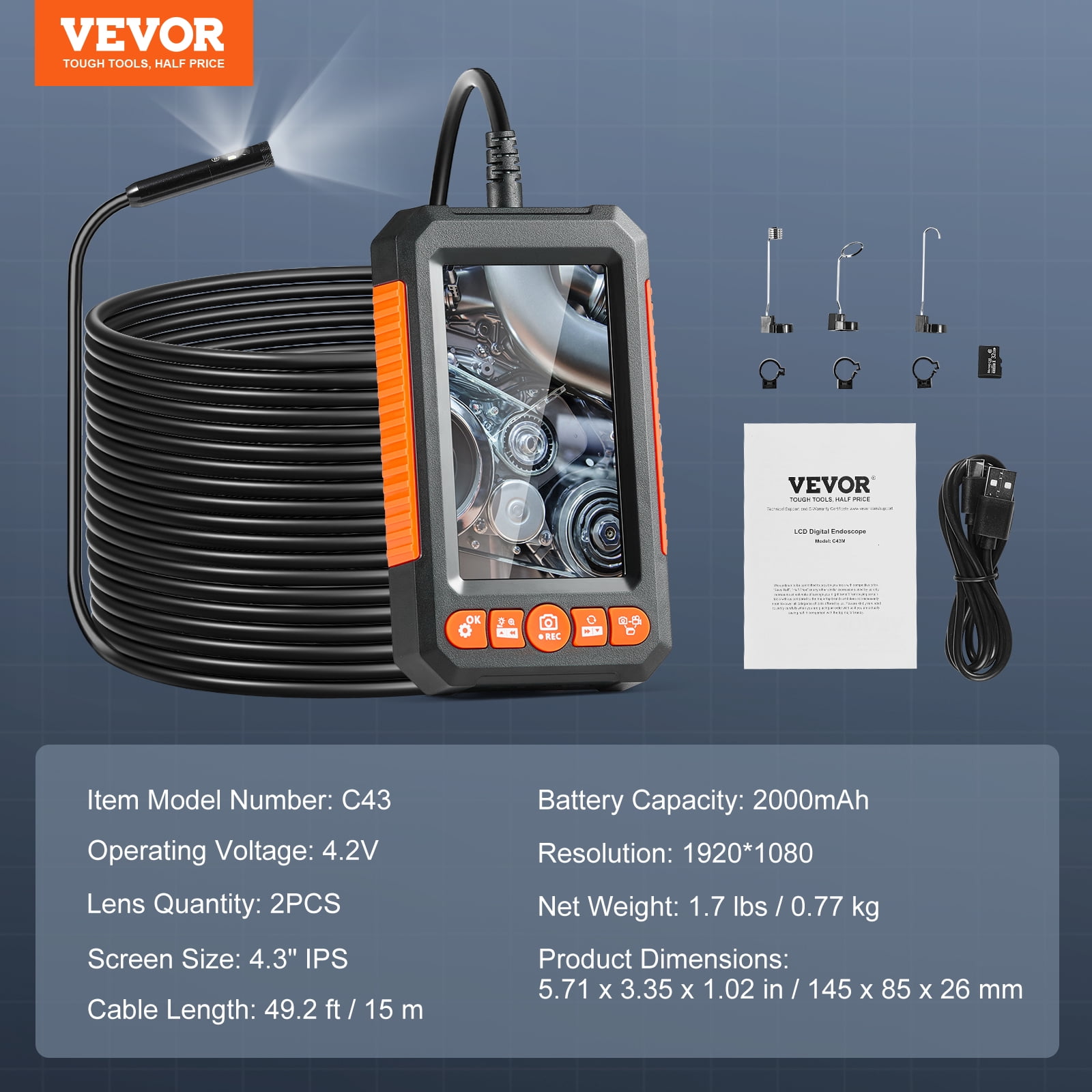 VEVOR Endoscope Camera with Light, Dual Lens Borescope with 49.2FT Semi-Rigid Cable, 4.3" Screen 1080P Inspection Camera, 8 + 1 LED Lights, 4X Zoom, IP67 Waterproof Snake Camera for Auto, Plumbing