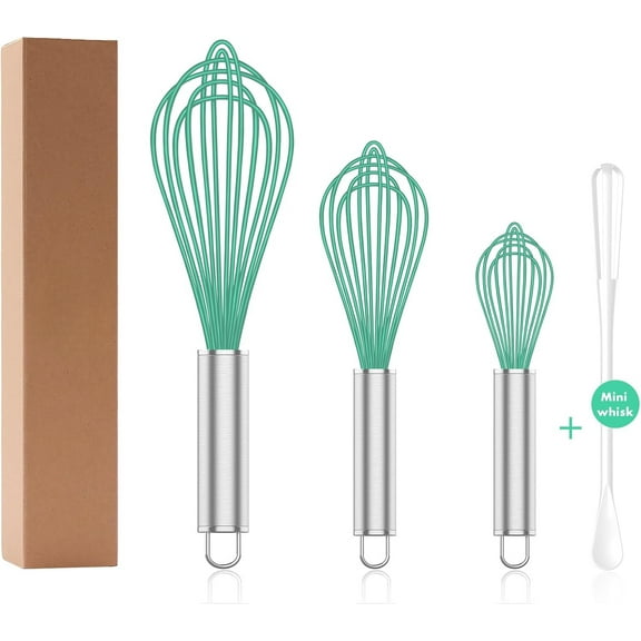 Silicone Whisk,Heat Resistant 480°F Whisks For Cooking Non Scratch,Stainless Steel wired wisk,Plastic Rubber Whisk Tool For Nonstick Cookware Pans,Silicon Wisks Set of 4