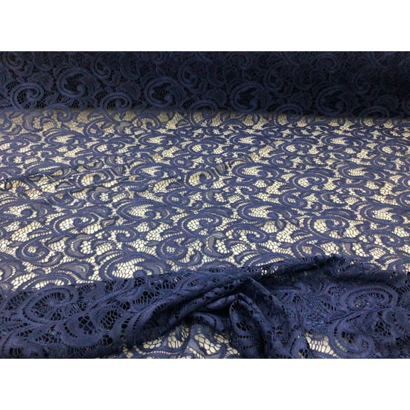 Embroidered Stretch Lace Apparel Fabric Sheer Scrolling Floral Indigo Blue WW510