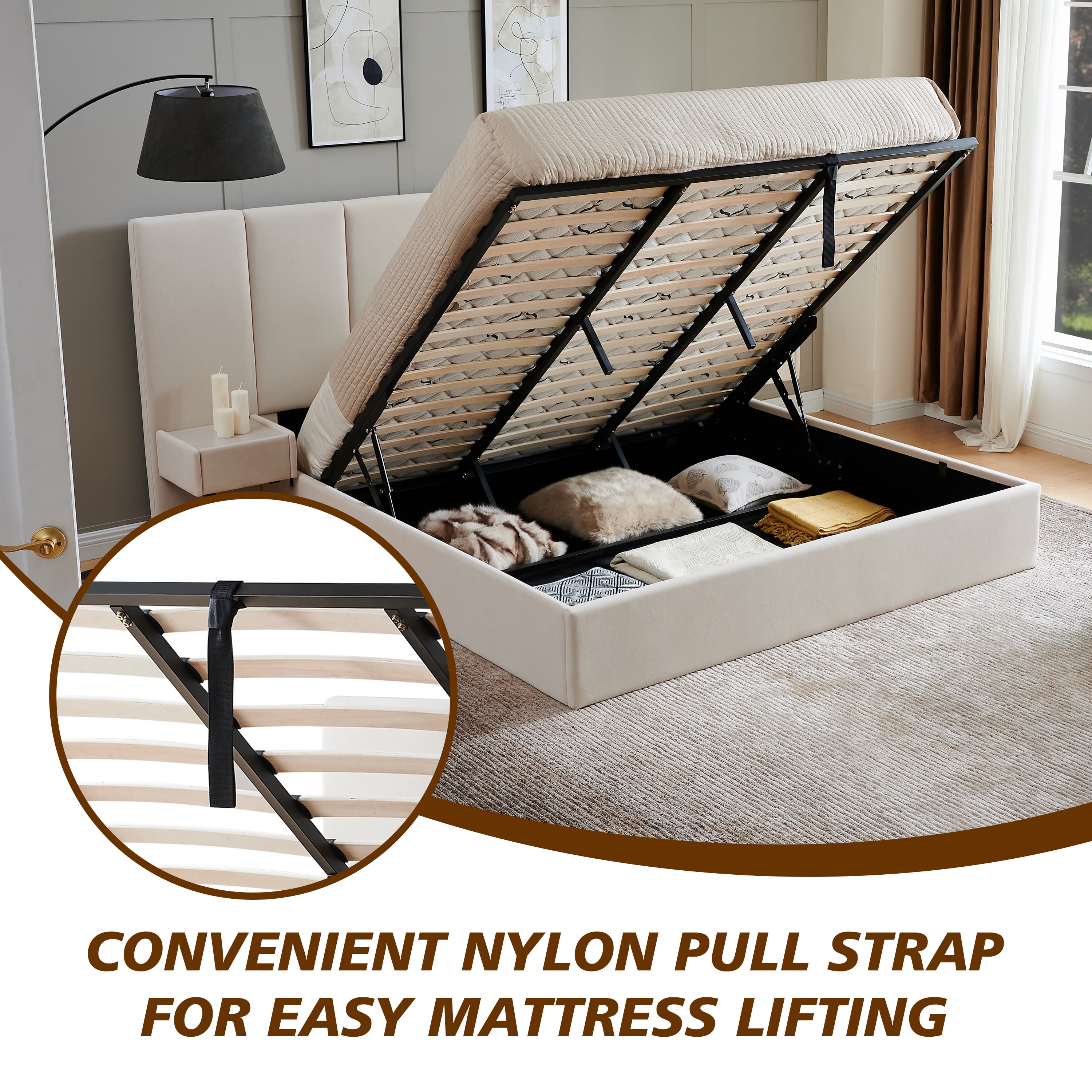 Upholstered Lift Storage Bed Frame with Velvet Headboard, 2 Drawers & 9.6" Under-Bed Storage, King Sizes in Beige, No Box Spring Needed, Ergonomic Design for Ultimate Comfort
