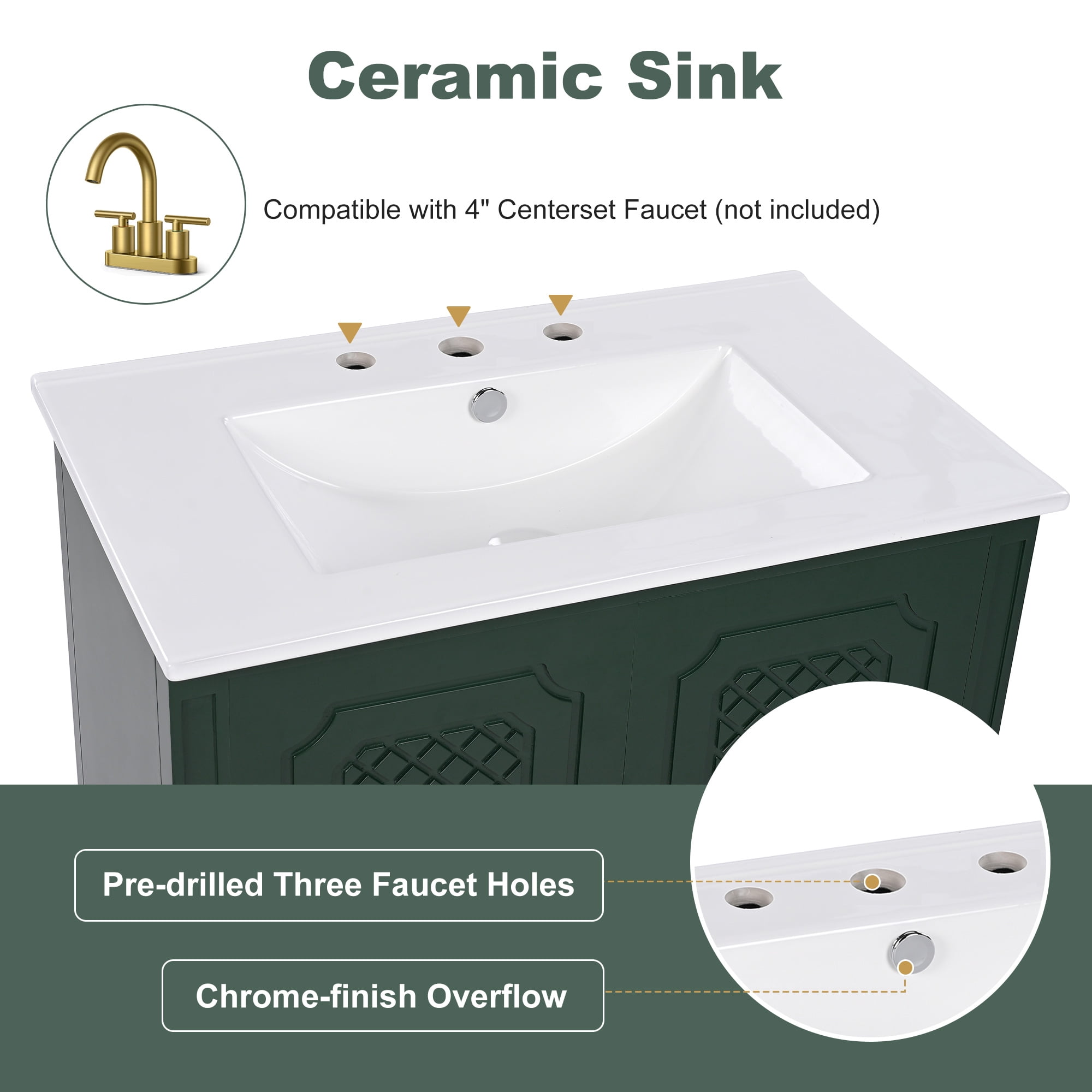 Euroco 30" Bathroom Vanity with Sink Vintage Style, Multi-functional Storage Space, Door Shelf, Soft-closing Door, Green (same sku: N759P218644F)