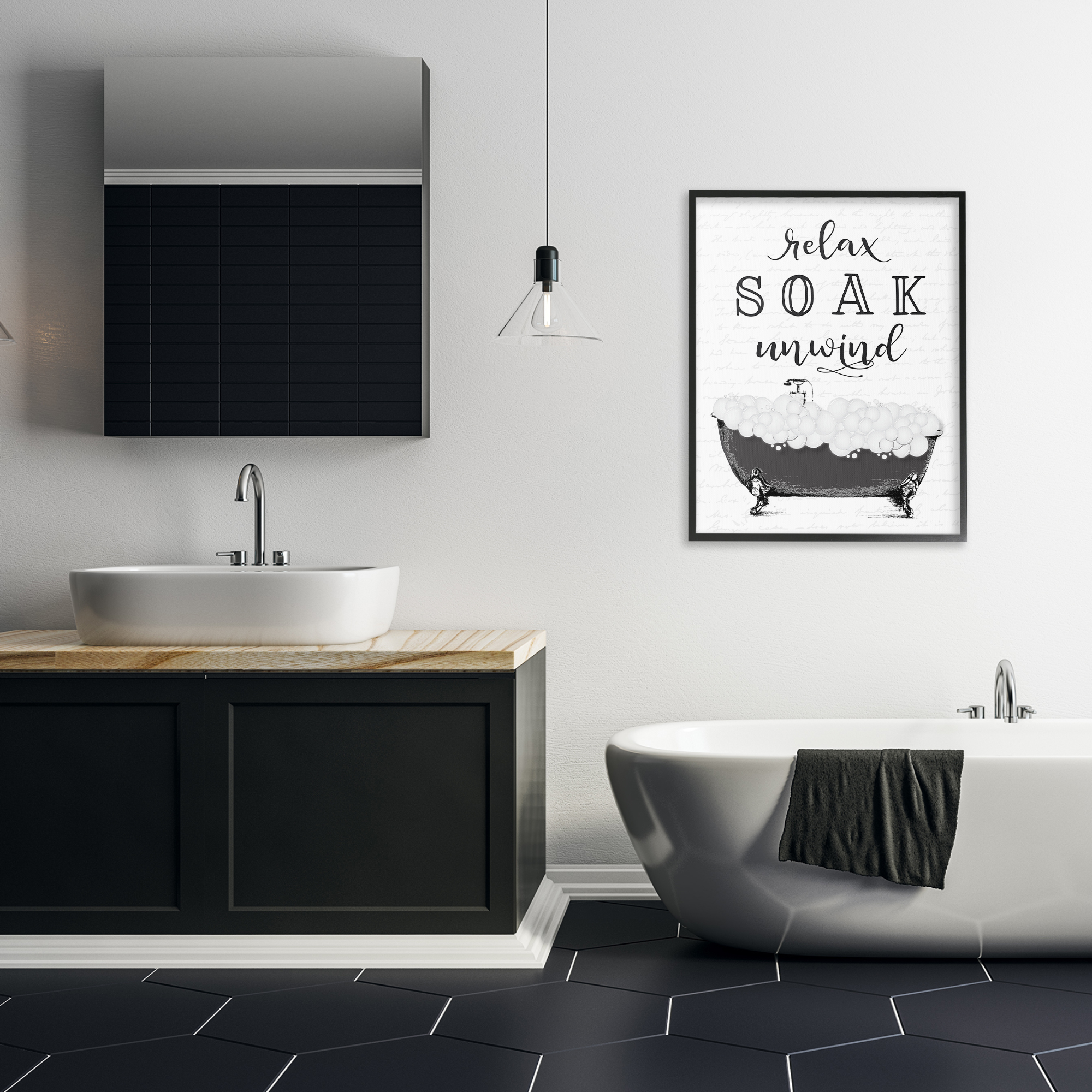 Soak Unwind Bubble Bath Black Framed Giclee Art, design by Lettered and Lined