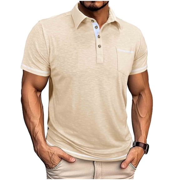 ZCFZJW Men's Casual Athletic Shirts Lightweight Short Sleeve Button Classic Collared T-Shirts Cotton Slim Fit Tees Lightweight Golf Top with Pocket Beige XXXL